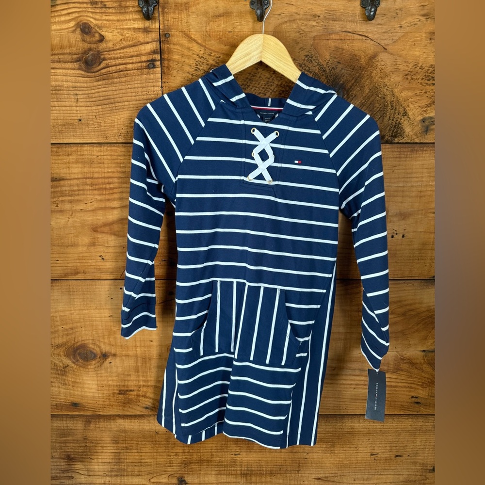 Girl’s Tommy Hilfiger Navy and White Striped Hoodie Dress - Size Medium 8/10